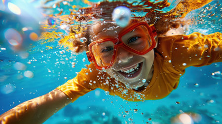 A cheerful child swims underwater, wearing bright orange goggles and surrounded by sparkling bubbles in clear blue ocean water. The image captures the joy of childhood and exploration in nature.の素材