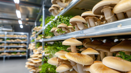 An image capturing freshly grown mushrooms on shelves in a modern hydroponic farm, showcasing a clean environment filled with greenery and sustainable agricultural practices.の素材