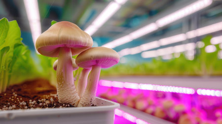 A captivating image of growing mushrooms in a well-lit indoor farm, highlighting their delicate forms against a backdrop of vibrant green lettuce under colorful LED lights.の素材