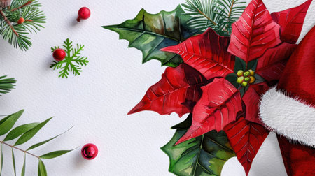 This stunning image features a vibrant red poinsettia surrounded by green pine leaves and festive decorations, perfect for celebrating the holiday season.の素材