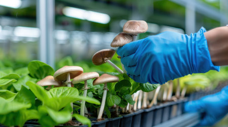 A detailed view of a hand in a blue glove gently harvesting mushrooms from lush green plants, highlighting sustainable practices in agriculture.の素材