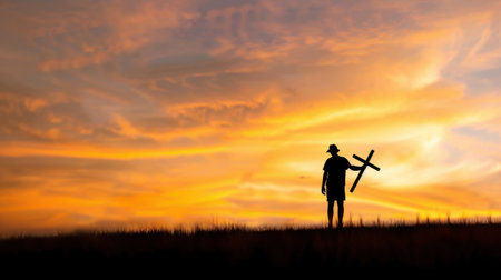 A striking silhouette of a person holding a wooden cross stands against a breathtaking sunset backdrop, evoking a sense of peace and spirituality.の素材