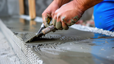 A skilled worker expertly finishes a concrete surface using a trowel at a construction site, showcasing the focus and precision required in masonry work.の素材