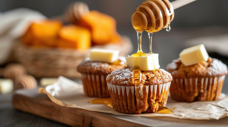 This vibrant photo features freshly baked muffins with melting butter and honey, creating a warm and inviting scene perfect for food lovers and culinary enthusiasts.の素材