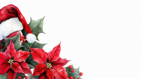 This vibrant illustration features beautiful red poinsettias, lush green holly, and a classic Santa hat, perfect for holiday and Christmas-themed projects.の素材