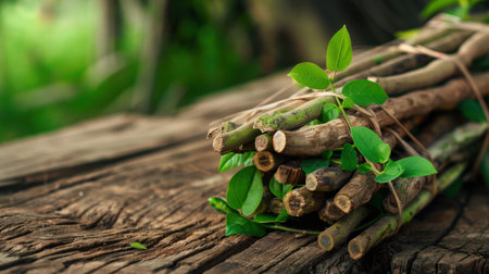A charming bundle of fresh twigs adorned with vibrant green leaves rests on a rustic wooden table, showcasing nature's beauty and simplicity.の素材