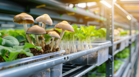 A vibrant display of fresh mushrooms growing alongside leafy plants in a well-structured greenhouse, showcasing modern agricultural practices and sustainability.の素材