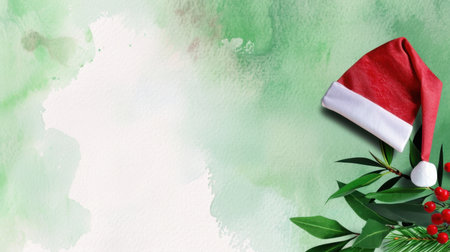 Capture the spirit of the holiday season with this charming background featuring a Santa hat and vibrant greenery, perfect for festive designs.の素材