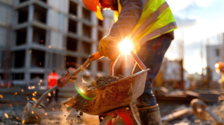 Dedicated construction worker pushes a loaded wheelbarrow filled with cement at sunset, showcasing labor and industry in an urban development project.の素材