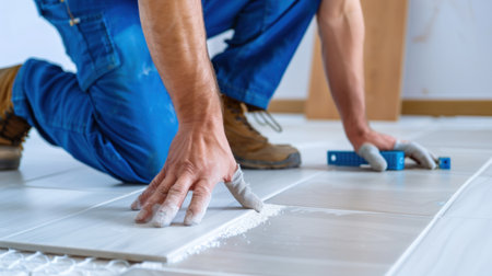 A skilled worker meticulously installs floor tiles in a well-lit room, showcasing expertise in renovation and home improvement. The focus on detail and precision highlights the craftsmanship involved in flooring projects.の素材