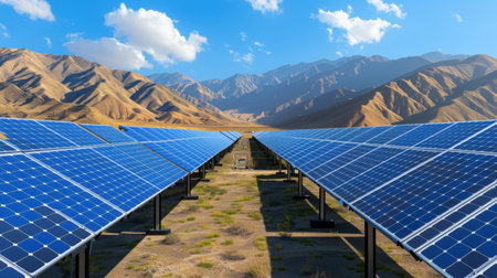 A stunning view of a large solar panel installation set against majestic mountains, showcasing renewable energy solutions in a bright, clear desert landscape.の素材