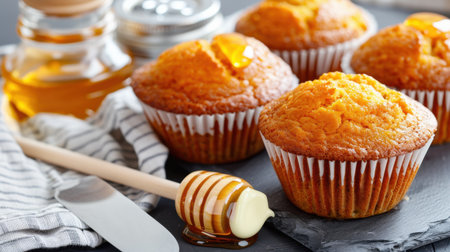 Indulge in these freshly baked muffins drizzled with honey, set against a rustic backdrop with charming kitchen tools. Perfect for a sweet treat!の素材