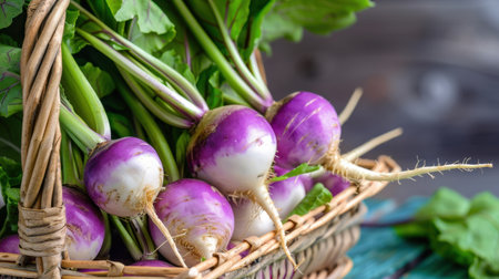 A beautiful arrangement of freshly harvested purple turnips with vibrant green tops nestled in a rustic woven basket, showcasing the freshness of farm produce.の素材