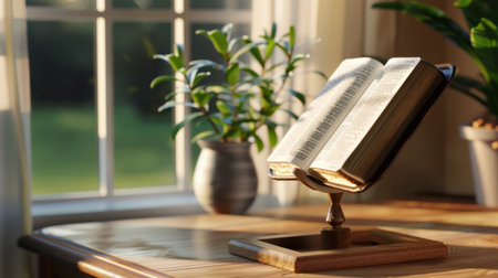 A serene home office scene featuring an open Bible on a wooden stand, bathed in sunlight, with lush green plants by a bright window, evoking tranquility.の素材