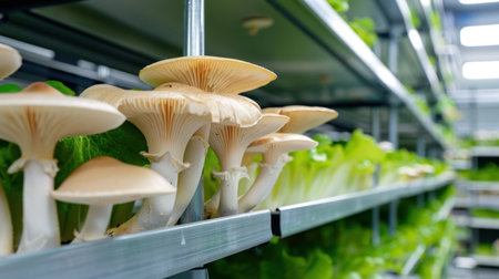 This image captures a modern hydroponic farm where freshly harvested mushrooms line the shelves alongside vibrant green lettuce, highlighting sustainable agriculture practices.の素材