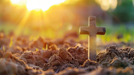 A serene scene featuring a cross emerging from soil at dawn, surrounded by the beauty of nature, symbolizing hope and faith in reflective moments.の素材