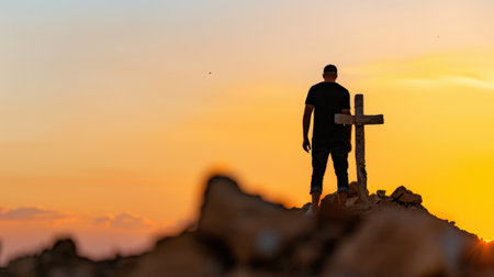 A solitary man stands silhouetted against a vibrant sunset, near a cross on a rocky outcrop, evoking deep contemplation and spiritual connection with nature.の素材