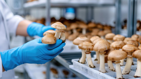 A close-up view of a hand wearing a blue glove carefully holds a fresh mushroom amidst a structured laboratory environment filled with cultivated fungi.の素材