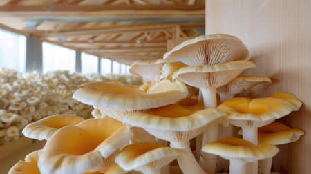 A close-up view of fresh edible mushrooms with bright yellow caps and white stems thriving indoors on a farm, showcasing their natural beauty and healthy growth.の素材