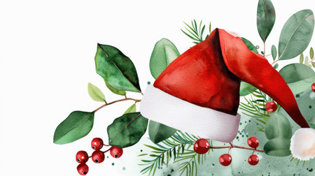 A charming watercolor illustration featuring a classic Christmas hat nestled among lush greenery and vibrant red berries, perfect for festive holiday designs.の素材