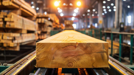 A close-up view of a wooden plank moving along a conveyor belt in a modern lumber mill, showcasing the industrial environment and bright lighting.の素材