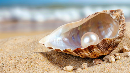An exquisite close-up of an open shell revealing a lustrous pearl, nestled in fine sand by a tranquil beach, perfect for nature and vacation themes.の素材