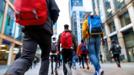 A vibrant urban scene showcasing a diverse group of individuals walking together on a bustling city street, surrounded by modern architecture and energy.の素材