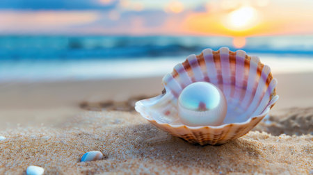 This image features a beautiful seashell with a lustrous pearl resting on sandy beach, set against the backdrop of a serene sunset over the ocean waves.の素材