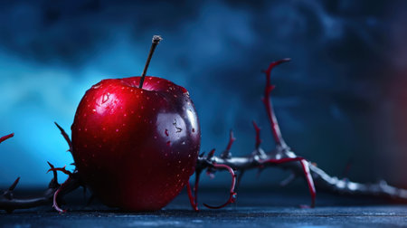A striking close-up of a glossy red apple perched on a thorny branch, surrounded by a mystical mist. The vivid colors and intricate textures create a captivating scene.の素材