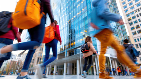 A vibrant urban scene depicting people in motion walking past a modern glass building, showcasing the energy of city life and daily commuting.の素材