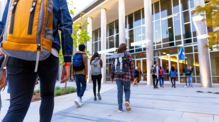 A group of students approaches a modern university building, showcasing a vibrant campus life. The bright day enhances the atmosphere of camaraderie.の素材