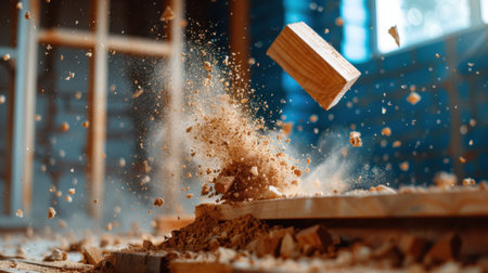 A captivating image showcasing a wooden block suspended in motion, surrounded by flying sawdust particles within a bright workshop setting, highlighting craftsmanship.の素材