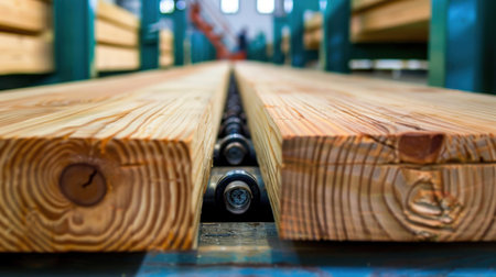 This image features a close-up of wooden planks on a conveyor belt in a lumber processing facility, showcasing the natural texture and grains of the wood.の素材