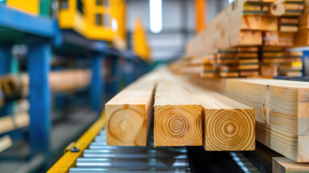 This image showcases a close-up view of freshly cut wooden beams neatly arranged in a lumber yard. Background industrial equipment highlights the manufacturing process, capturing the essence of the woodworking industry.の素材