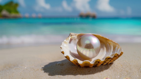 A stunning close-up of a natural pearl nestled in an open shell on a sandy beach. The serene turquoise ocean and blue sky provide a perfect tropical backdrop, capturing the essence of summer and relaxation.の素材