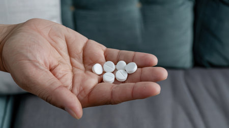 A close-up image of a hand holding several white pills against a cozy couch backdrop, illustrating themes of health, medication, and personal care.の素材