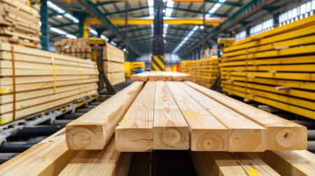 A well-organized warehouse showcases stacks of timber and lumber in bright yellow racks, emphasizing efficiency and industry standards for construction use.の素材