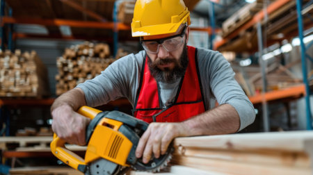 A dedicated male carpenter works with a circular saw in a well-equipped woodworking workshop, showcasing his skill and commitment to quality craftsmanship.の素材