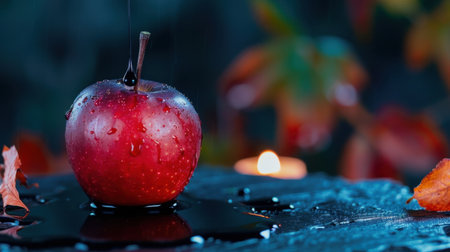 A captivating close-up of a fresh red apple dripping with dark liquid, set against a background of autumn leaves and softly flickering candlelight, creating a warm, inviting atmosphere.の素材