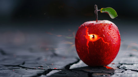 A striking and surreal image of a red apple with a glowing eye embedded in its cracked surface, showcasing a blend of nature and fantasy elements.の素材