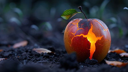 An intriguing image of a glowing apple with unique cracks set against dark soil. This representation of nature combines mystery and beauty, evoking transformation.の素材