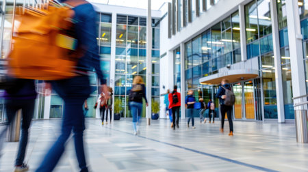 A vibrant urban college scene showcasing students walking on campus. The modern architecture and bright daylight create an energetic atmosphere of learning and collaboration.の素材