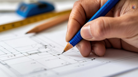 A close-up image capturing a hand holding a pencil, sketching architectural plans on a table, surrounded by essential tools for design and planning projects.の素材
