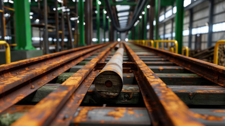 A detailed view of rusty metal rails inside an industrial warehouse, showcasing the texture and color against green support beams and machinery.の素材