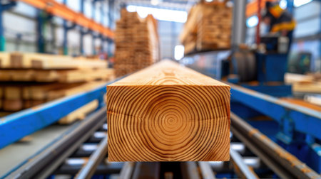 A detailed close-up of a finished wooden plank showcasing its grain, with a bustling lumber mill in the background filled with stacks of timber.の素材