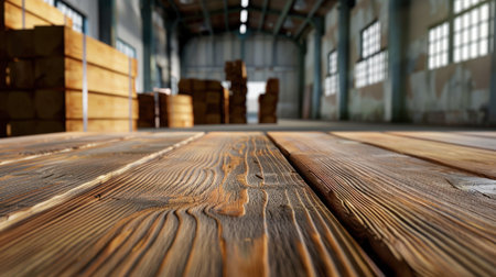A close-up view of an aged wooden floor in an industrial warehouse, featuring natural lighting that highlights the texture and grain of the wood.の素材