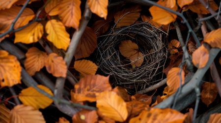 A captivating image showcasing an empty bird nest nestled among vibrant autumn leaves, capturing the beauty of nature's seasonal transition.の素材