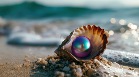 A stunning seashell cradles a vibrant pearl on a sandy beach, gently touched by ocean waves, creating a serene and picturesque coastal scene.の素材