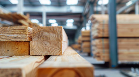 A close-up view of freshly cut wooden lumber stacked in a modern warehouse. The image captures the natural textures and patterns of the wood, showcasing its quality and craftsmanship. Ideal for construction and woodworking themes.の素材