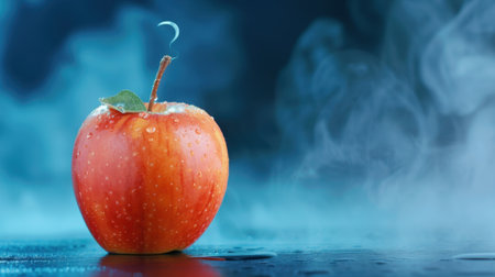 A stunning close-up of a fresh red apple adorned with dew drops and steam, set against a captivating blue background, evoking warmth and comfort.の素材